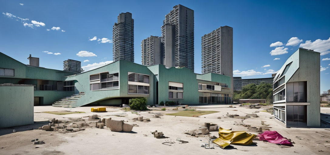 Abandoned modern buildings with fading green paint under clear blue sky