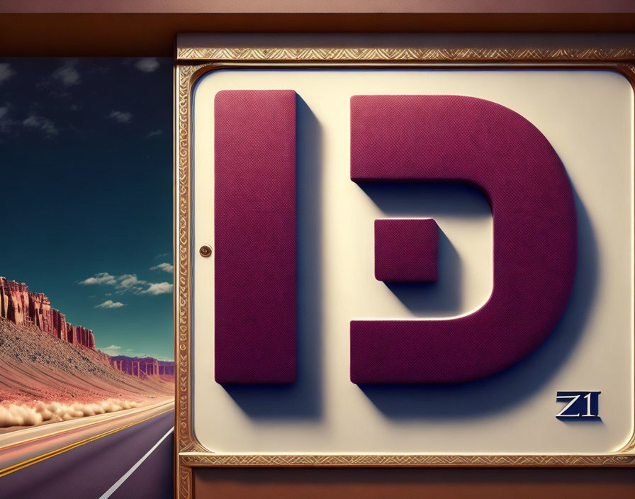 Purple Embossed 'D' Letter on Sign with Desert Highway Background