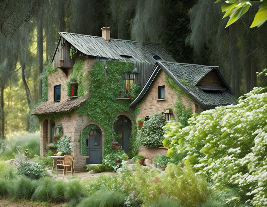 Ivy-covered cottage in lush forest with outdoor sitting area