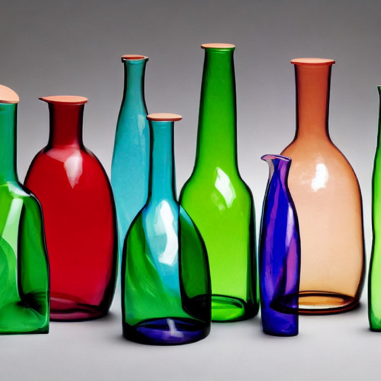 Vibrant glass bottle collection in green, blue, red, and peach on grey background