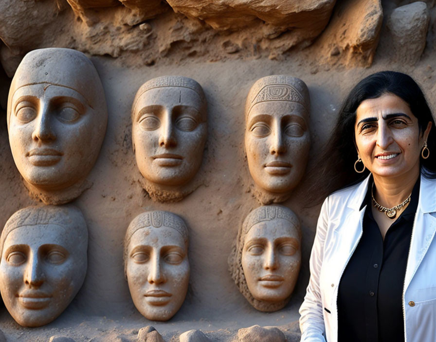 Woman smiling next to diverse stone heads carved in rock wall