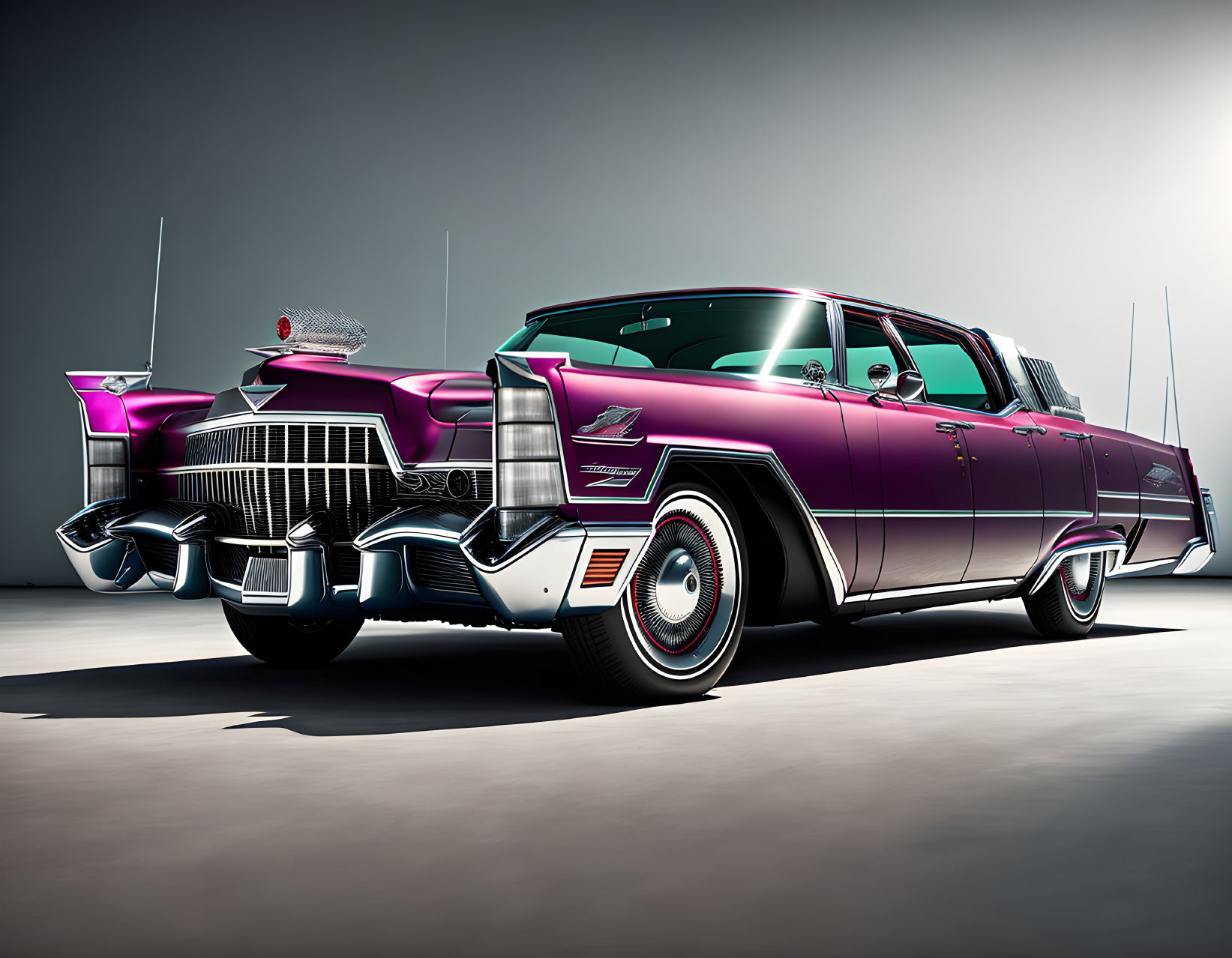 Vintage Purple Cadillac with Tail Fins and Chrome Details on Gray Background