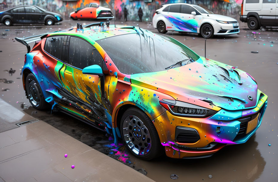 Vibrant paint-splatter design car on wet pavement