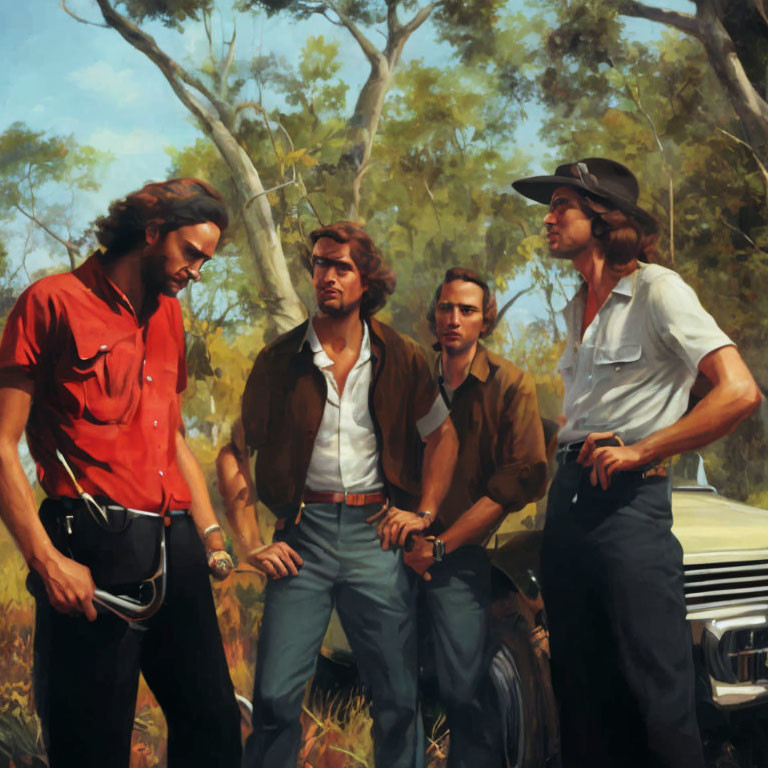 Four Men with 1970s Hairstyles Near Car in Wooded Area