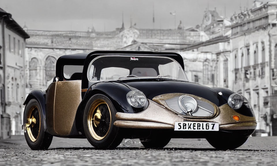 Vintage Black Car with Gold Wheels on Cobblestone Street & Historical Buildings