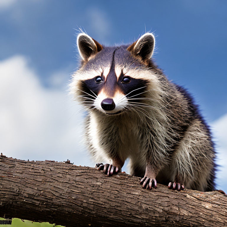 Curious raccoon on tree branch under blue sky with fluffy clouds