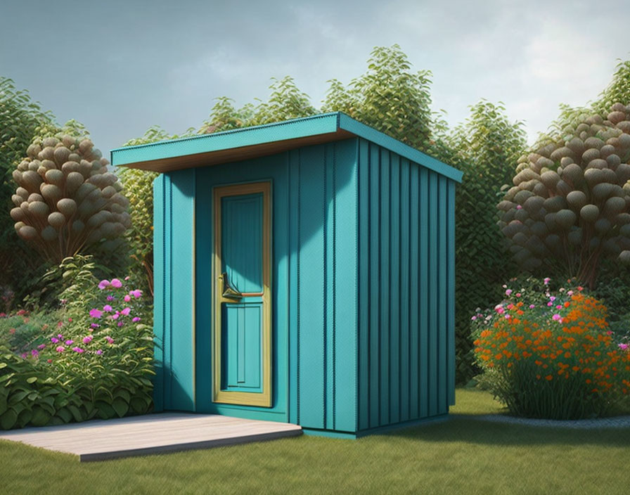 Turquoise Garden Shed with Yellow Door Among Green Foliage