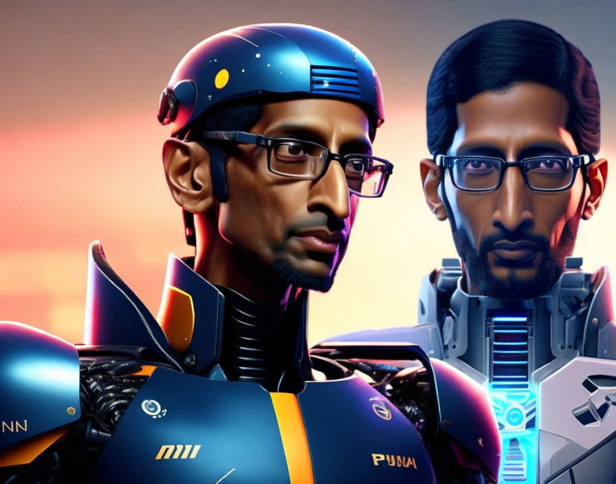 Digital artwork: Two futuristic male figures with similar faces, one human in cap and glasses, the other