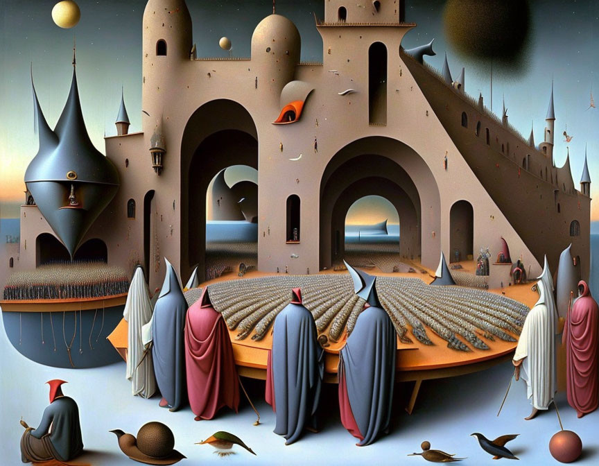 Surreal artwork of large castle, cloaked figures, birds, wheat field under twilight sky