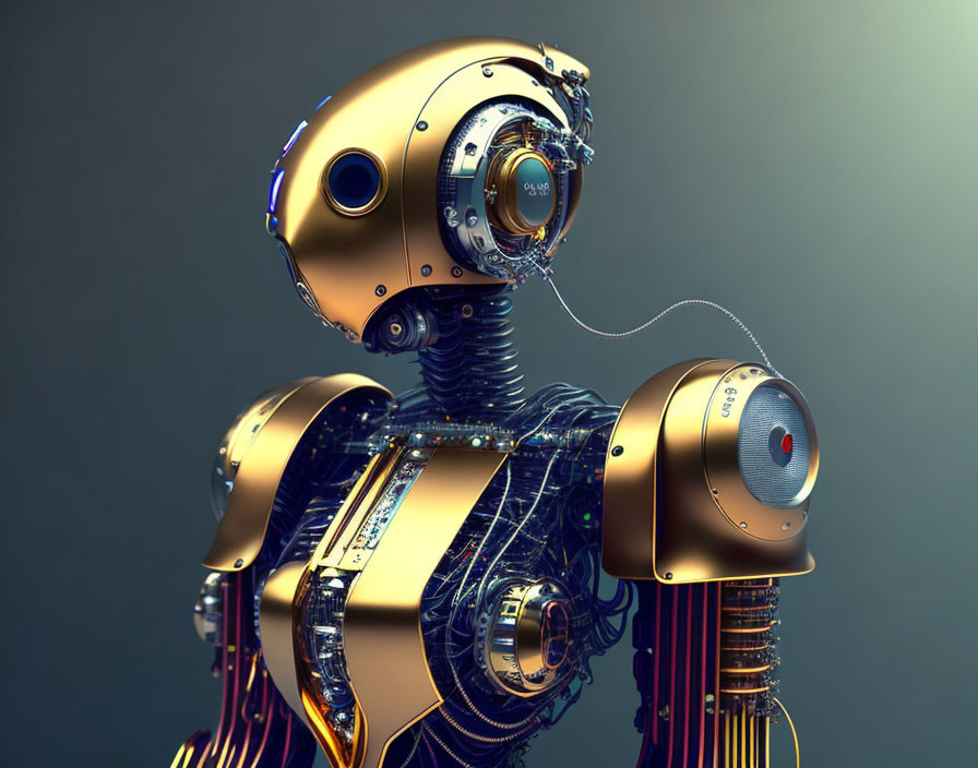 Detailed 3D Rendering of Futuristic Golden and Black Robot