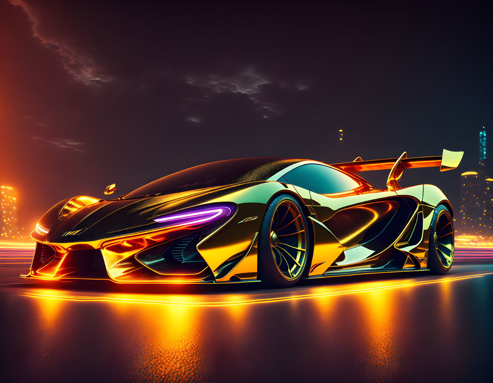 Vibrant neon highlights on sleek sports car in futuristic cityscape