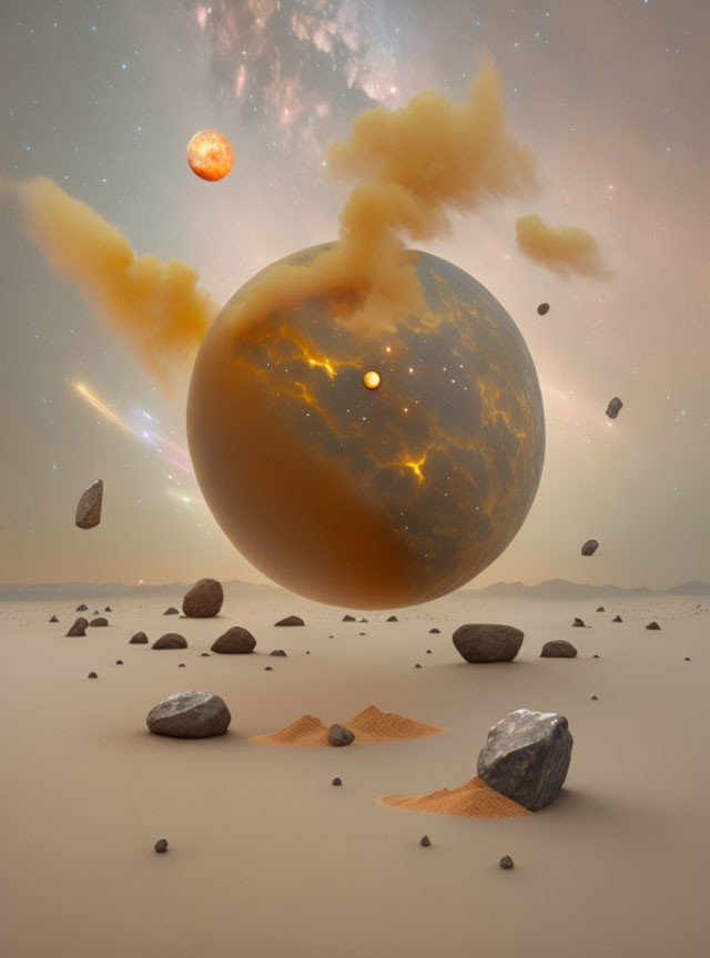 Surreal landscape with glowing planet, floating rocks, meteorites, and red planet in sky