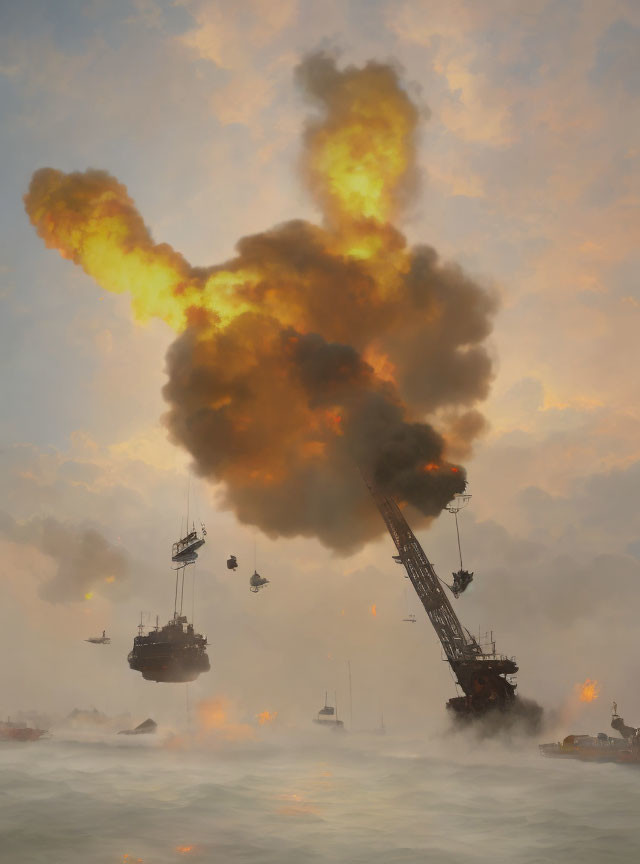 Sea Battle Scene: Explosions, Sinking Ships, Aircraft in Smoke and Fire