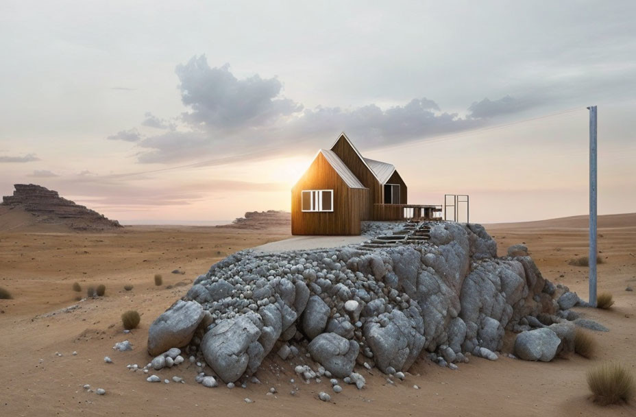 Modern House on Rocky Desert Outcrop at Sunset