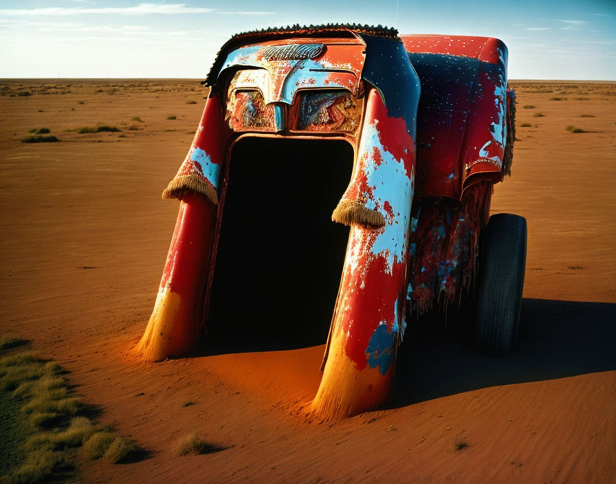 Abandoned half-buried car in sandy desert under clear sky