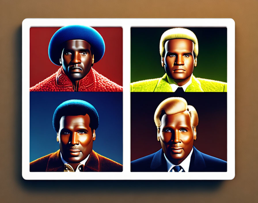 Stylized Man Portraits in 2x2 Grid with Varied Lighting and Clothing