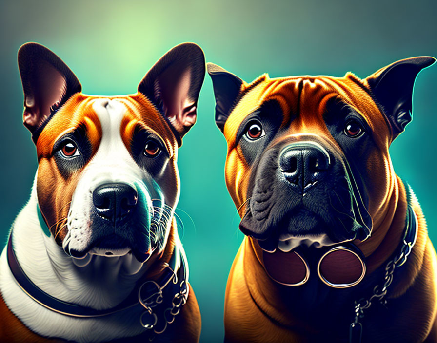 Muscular dogs in digital illustration with silver chains under dramatic lighting