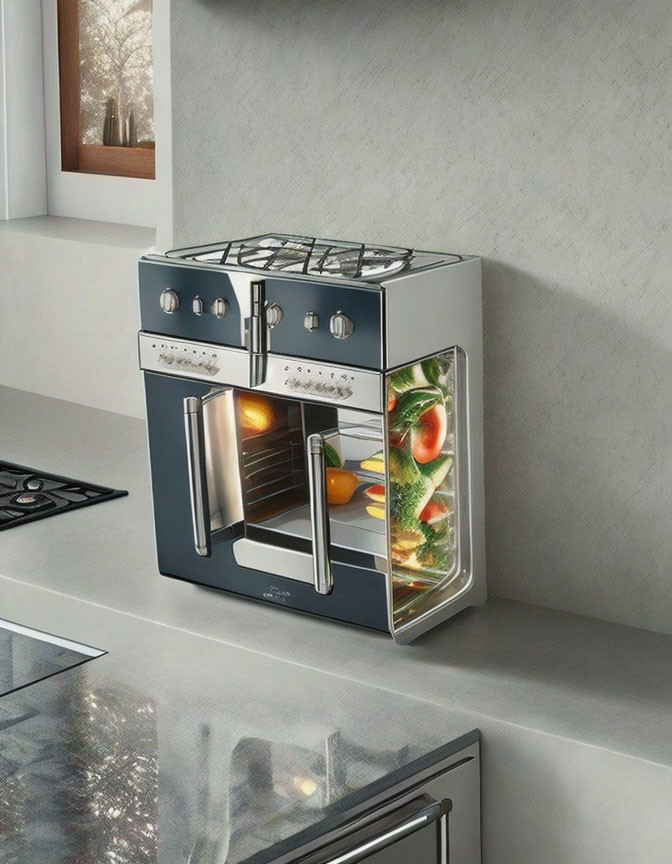 Sleek Stove with Transparent Oven Door and Fresh Vegetables in Modern Kitchen