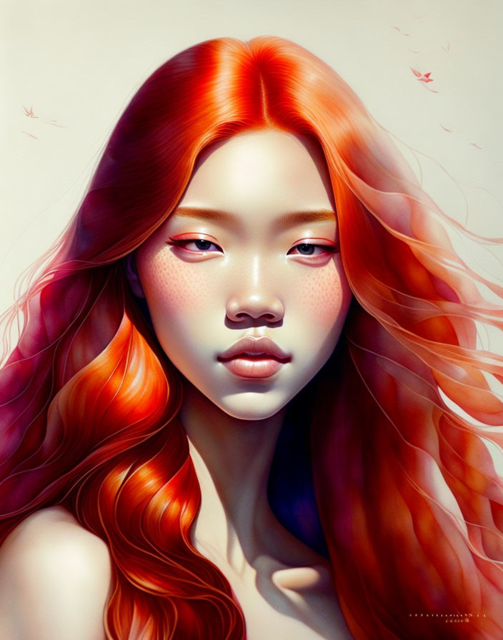 Woman with Flowing Red Hair and Falling Leaves Portrait