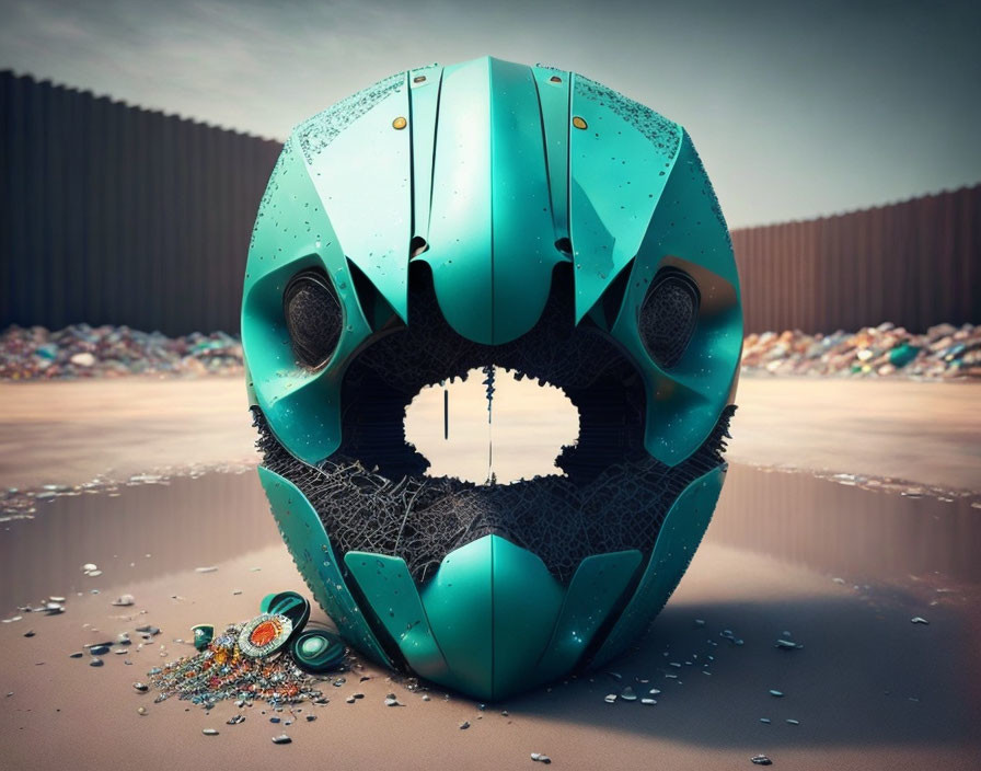 Broken turquoise robotic mask on reflective surface in desolate landscape.