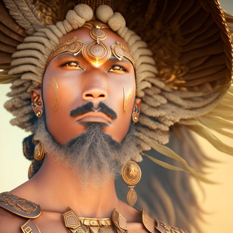 Majestic figure in golden armor with intricate headdress and facial markings