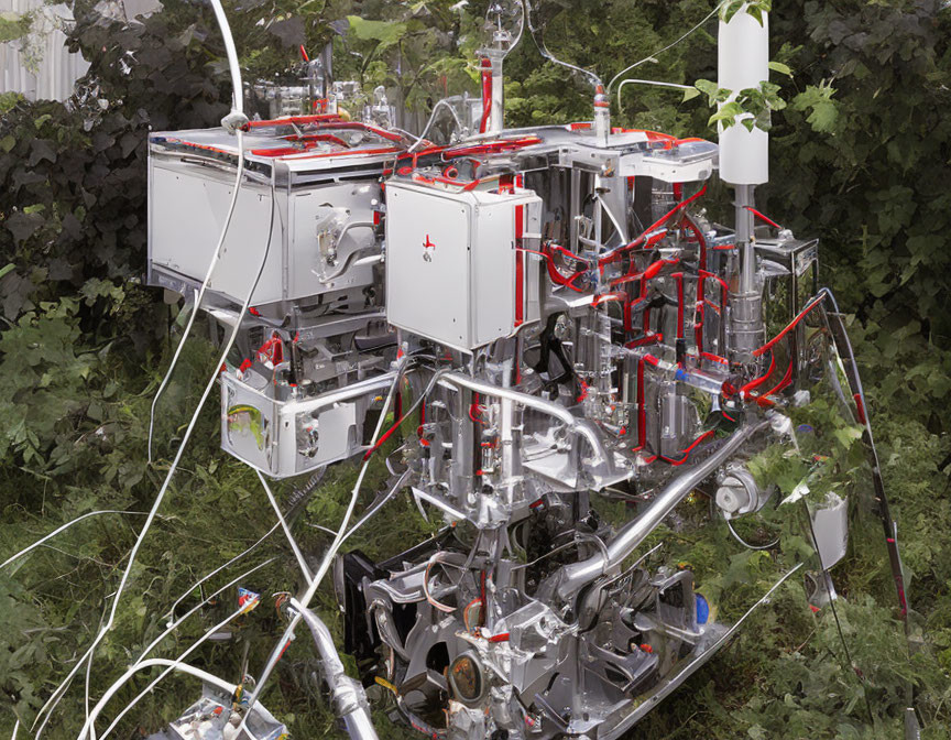 Intricate laboratory apparatus with tubes and wires against green foliage