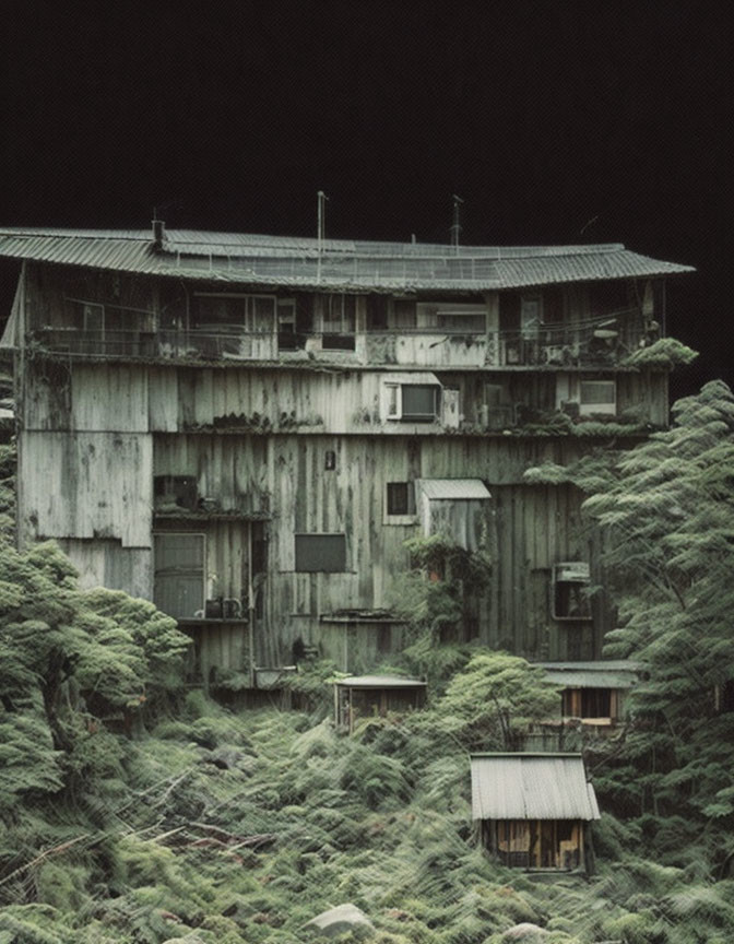 Weathered multi-story building surrounded by dense green foliage