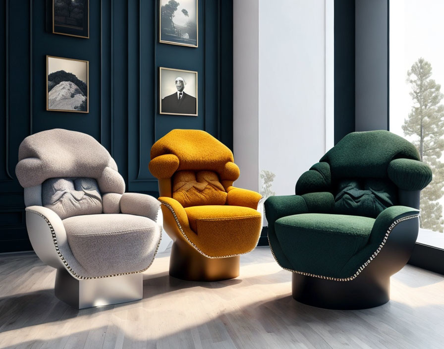 Plush Armchairs in Cream, Mustard, and Dark Green in Elegant Room