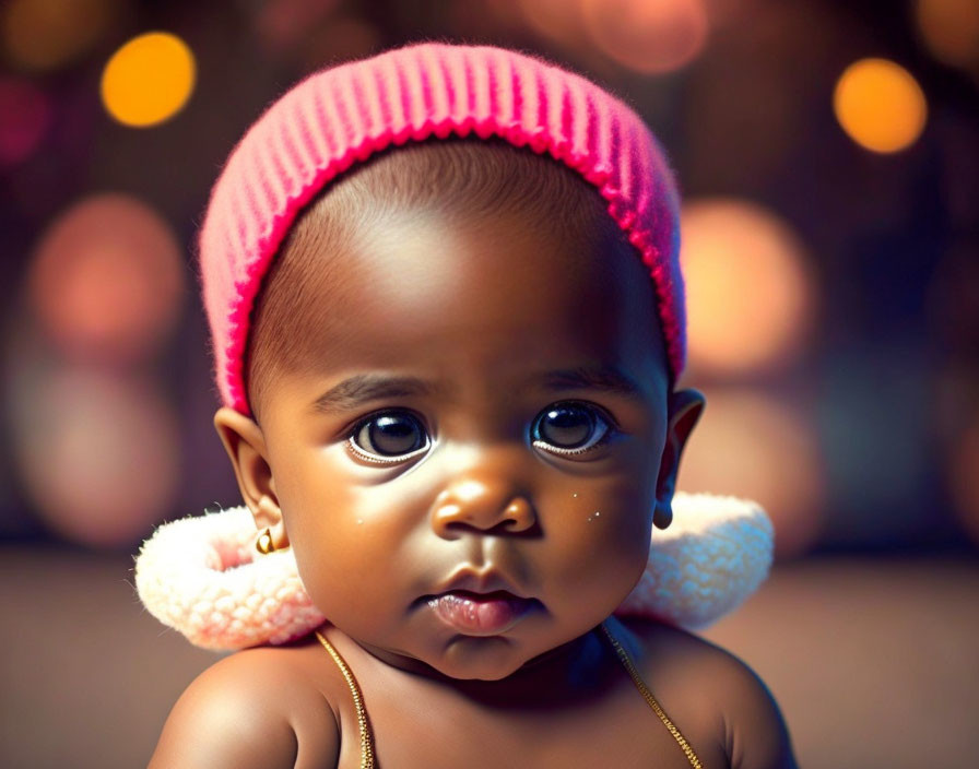 Baby with large eyes in pink knit hat and fluffy earmuffs against warm bokeh lights