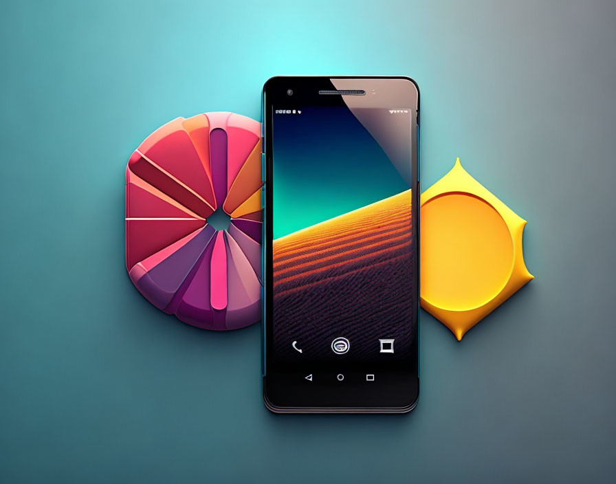 Smartphone with desert wallpaper, sun and beach ball on teal background