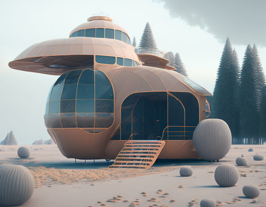 Spherical futuristic house with large windows in snowy landscape