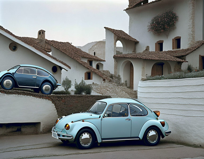 Vintage Volkswagen Beetles parked by white stucco buildings with red tile roofs