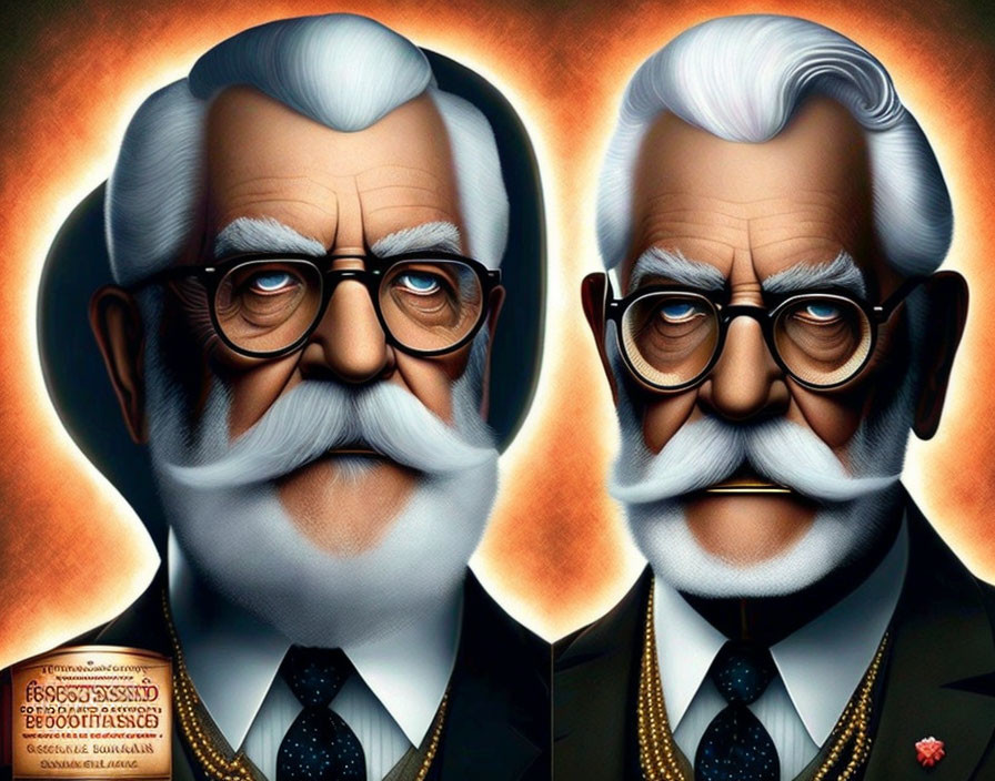 Illustration of man with white beard, mustache, glasses, and suit, mirrored.