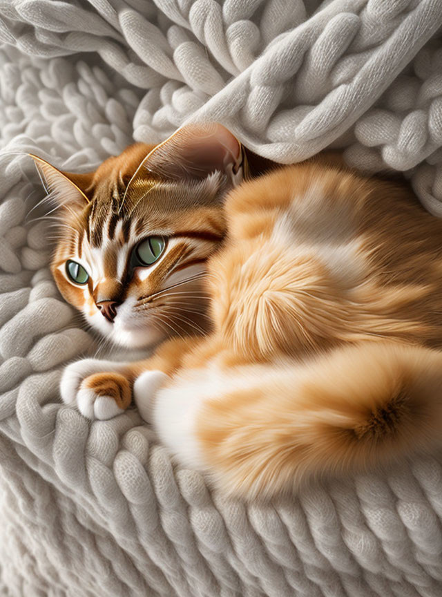 Orange and White Cat with Green Eyes on Gray Knit Blanket