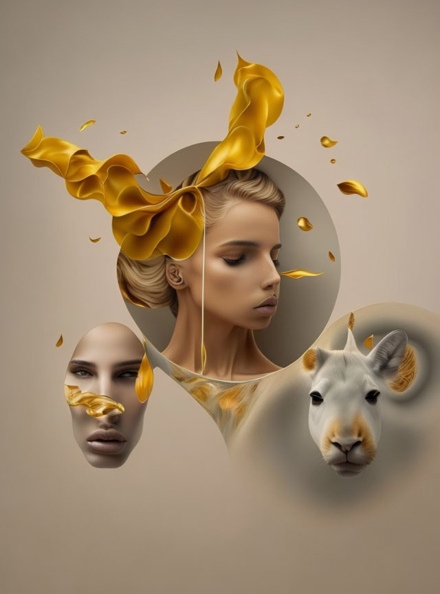 Surreal artwork featuring golden liquid shapes and fragmented faces on beige background