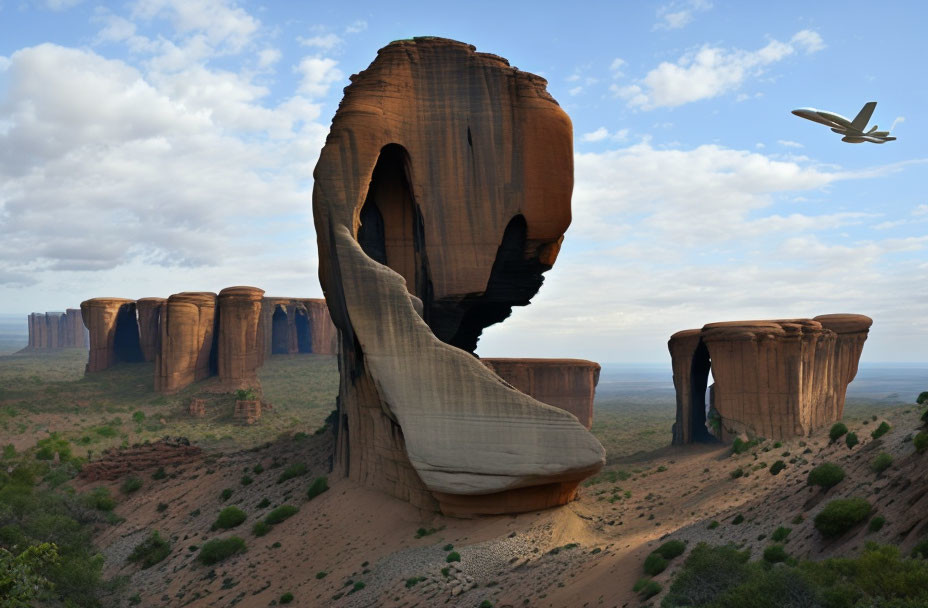 Surreal landscape with twisted rock formation and airplane in sky