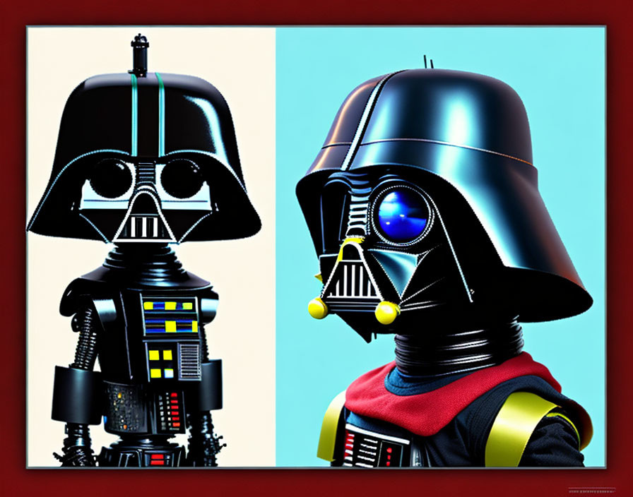 Stylized Darth Vader illustrations: front and side profile with vibrant colors on red and blue background