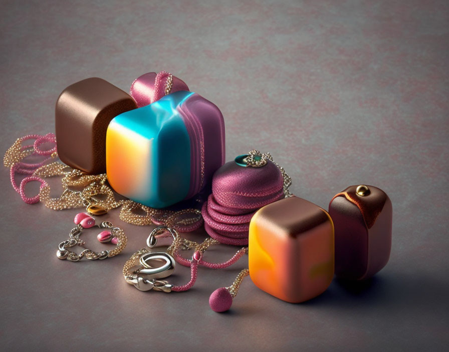 Vibrant Candy and Jewelry on Grey Background