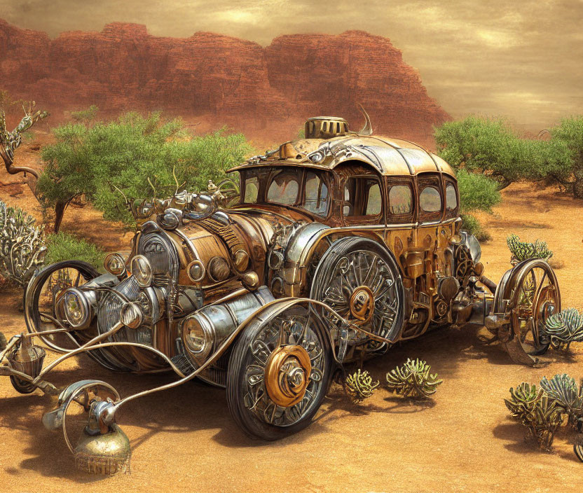 Steampunk-style vehicle in desert with red cliffs