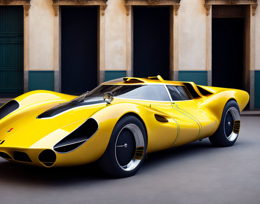 Vintage Yellow Sports Car with Race Styling and "23" Number Parked in Front of Classic Building