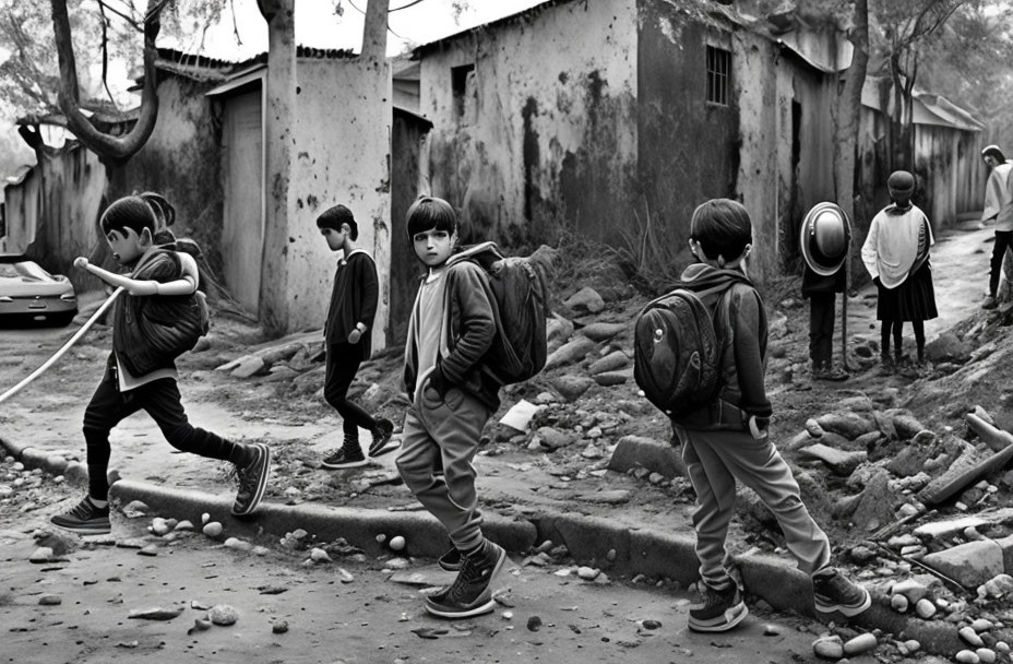 Group of children and adult walking near rundown buildings