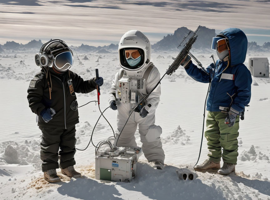 Three astronauts in snowy landscape with mountains, one holding flag.