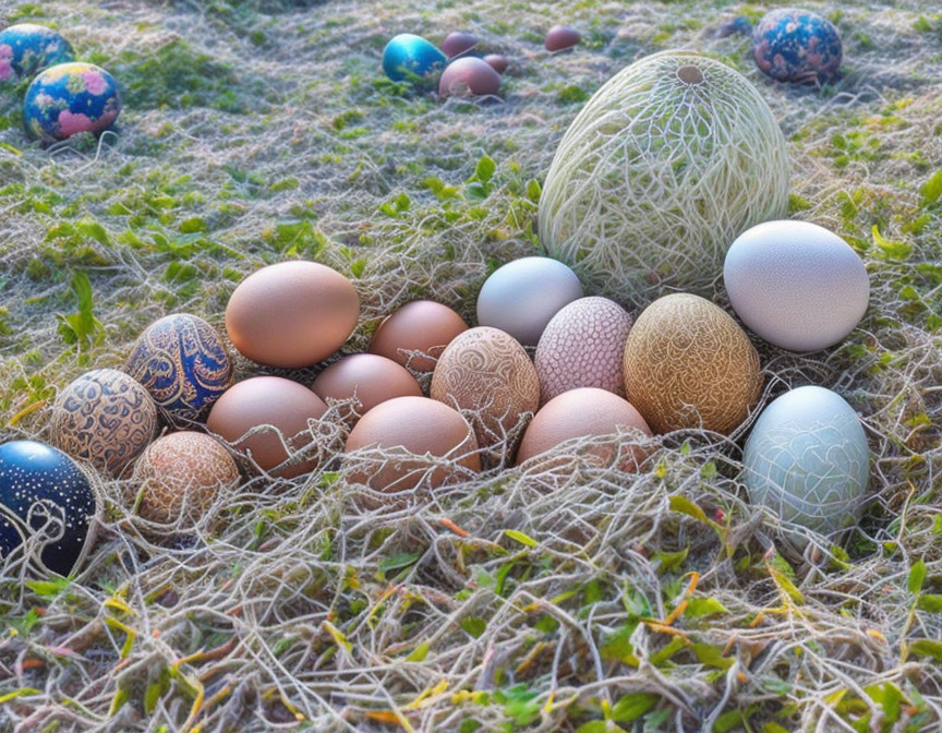 Assorted decorated Easter eggs in grass and twine display