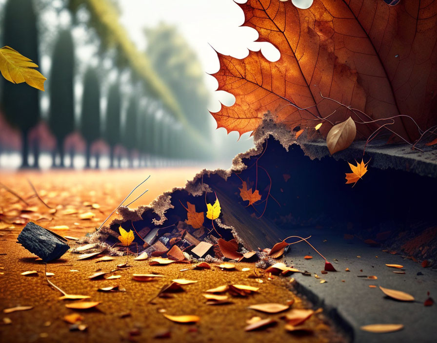 Fallen leaves on path with large brown leaf, trees under hazy sunlight