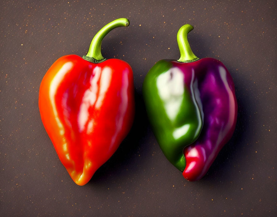 Vibrant red and gradient purple-to-green bell peppers on dark brown background