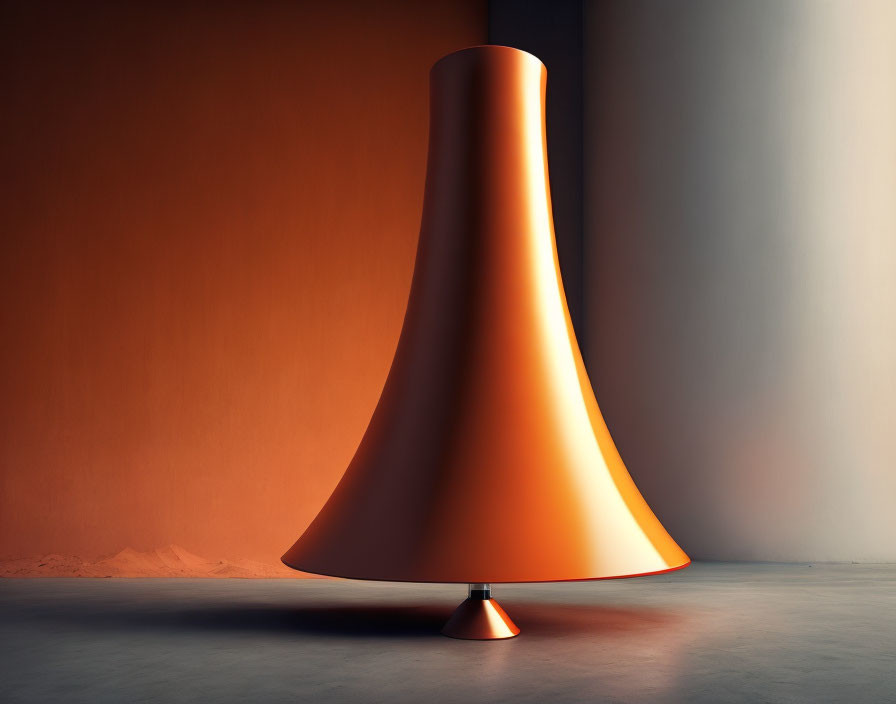 Oversized cone-shaped orange lamp on orange and cream background