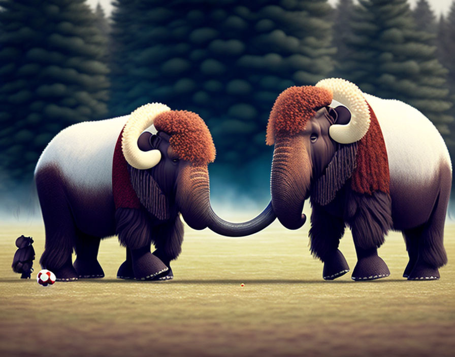 Stylized cartoon mammoths with intertwined tusks, black bear, and soccer ball on grass