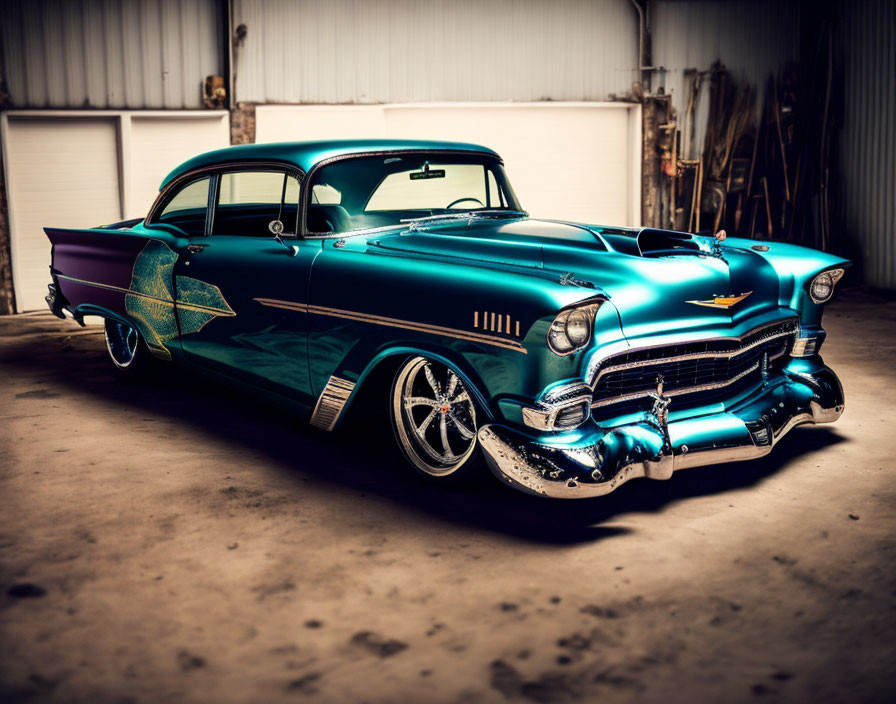 Vintage Chevrolet with blue and purple paint and custom rims in garage