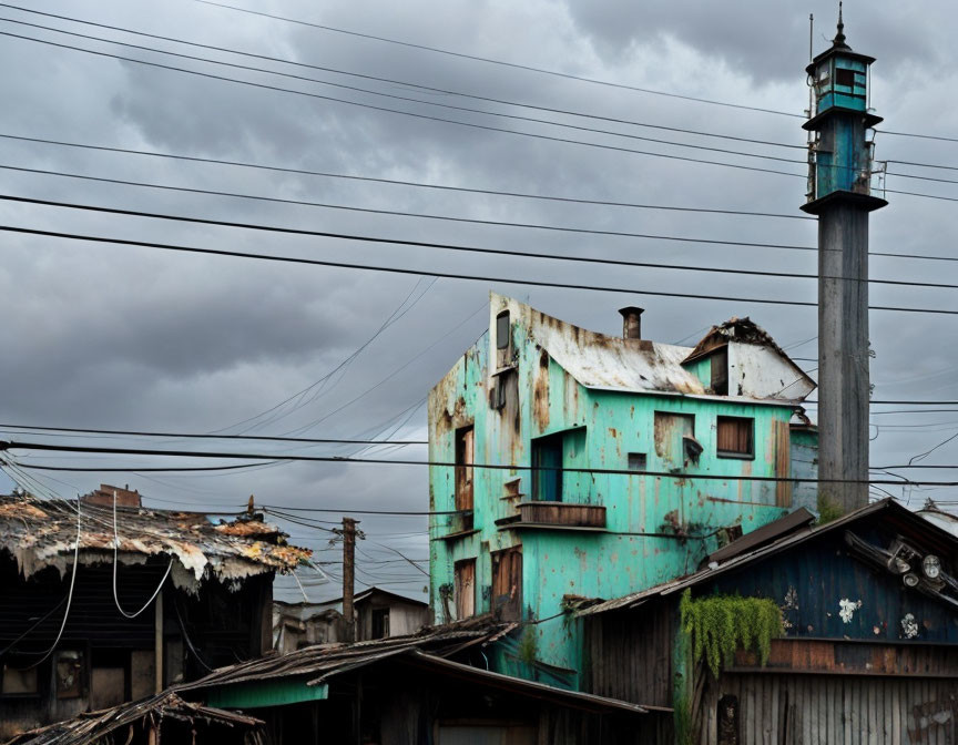 Weathered industrial building with rusting metal exterior and tall chimney under cloudy sky.