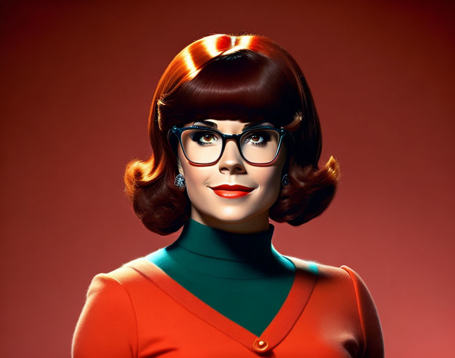 Retro-styled female character with bob haircut, glasses, red-orange top on warm-toned backdrop